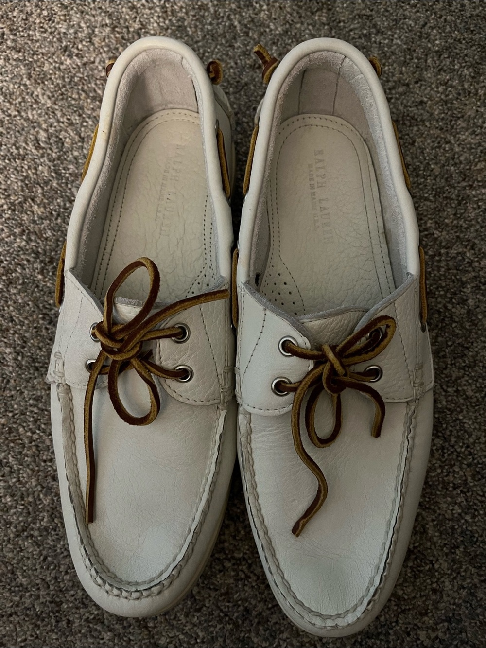 Ralph Lauren White Leather Boat Shoes with Brown Laces